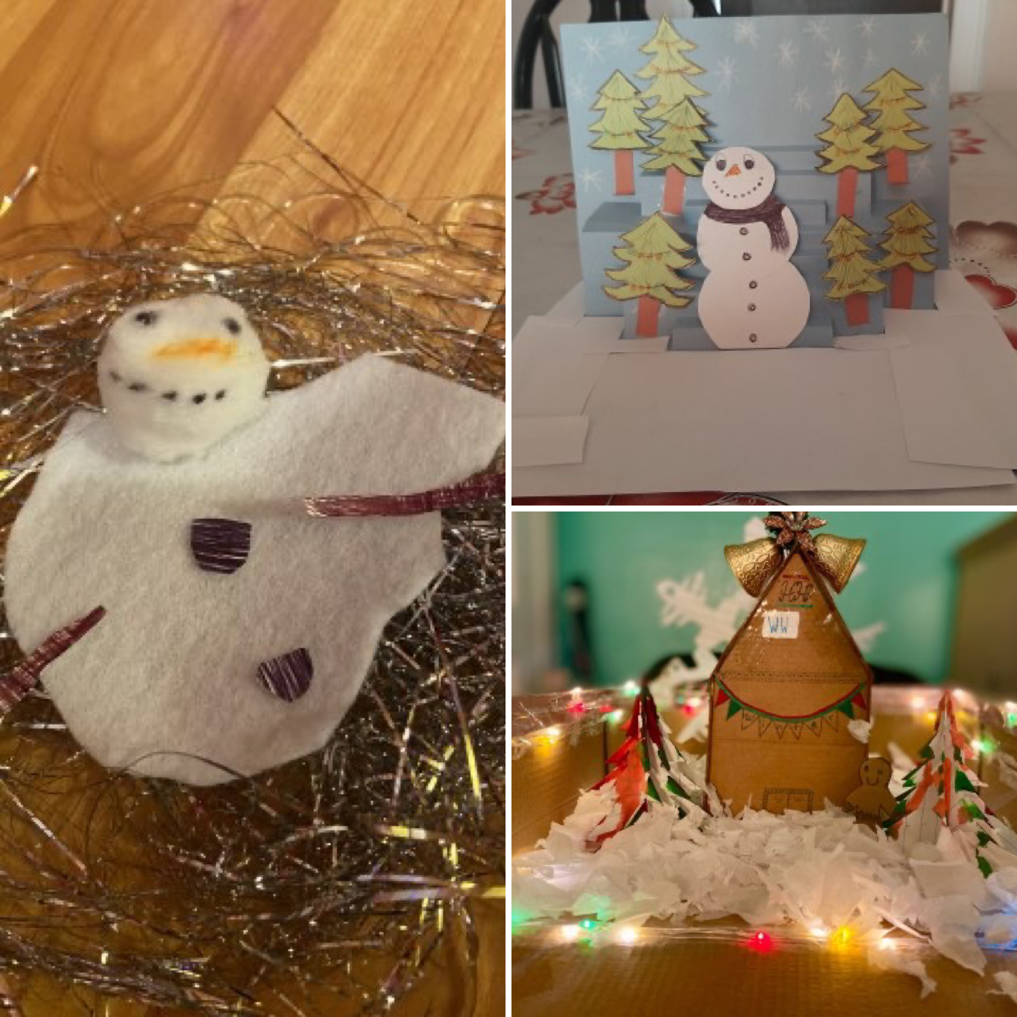 3 photo collage of crafts YS students & families made, including a melted snowman, a gingerbread house, and a pop-up winter scene.