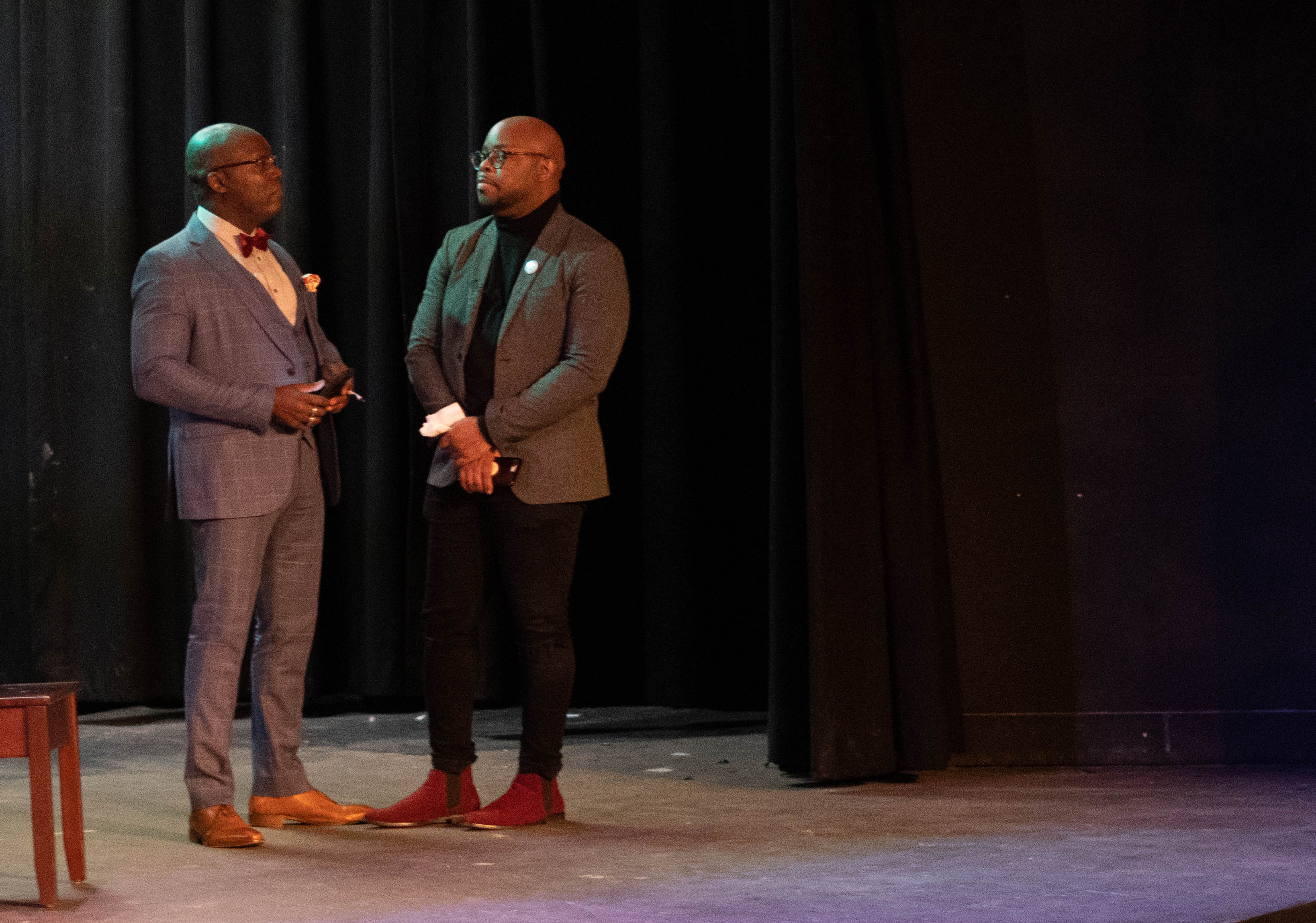 Dr. Anthony Baird talks with Dr. Frederick Engram in Strebel Auditorium on February 1, 2023.