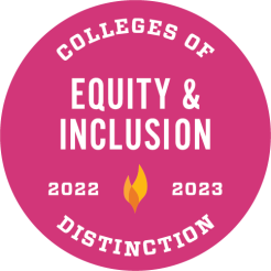 Pink Badge noting Utica University as a College of Distinction for Equity and Inclusion.