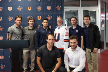 Men's Hockey and President Pfannestiel at Hockey Skills Competition Announcement 091423