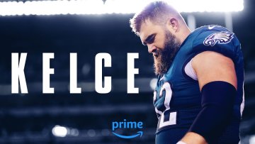 Jason Kelce in football uniform looking down at field with words Kelce to his left and Amazon Prime logo below. 