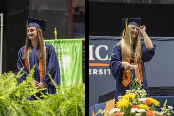 Side by side photos of two women on stage in blue cap and gown at the 2026 Undergraduate Commencement Ceremony.